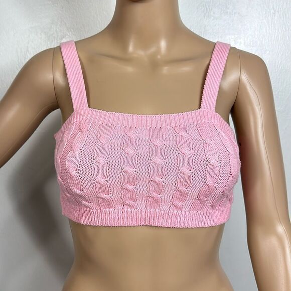 525 America Revolve Cable Knit Cotton Blend Tiny Tank Top In Pink Size XS - Picture 2 of 9